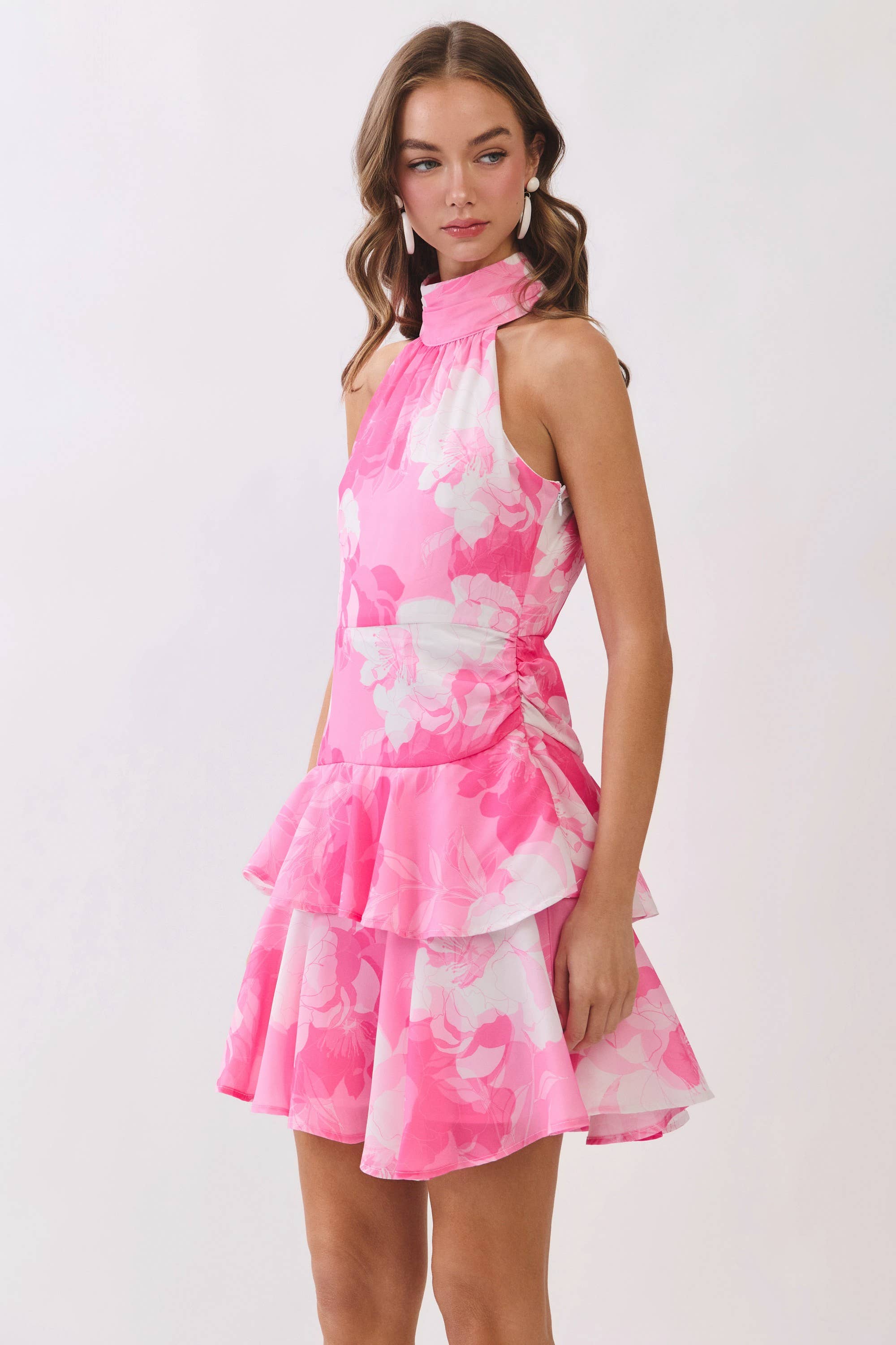 Floral Print Tiered Ruffle Halter Mini Dress