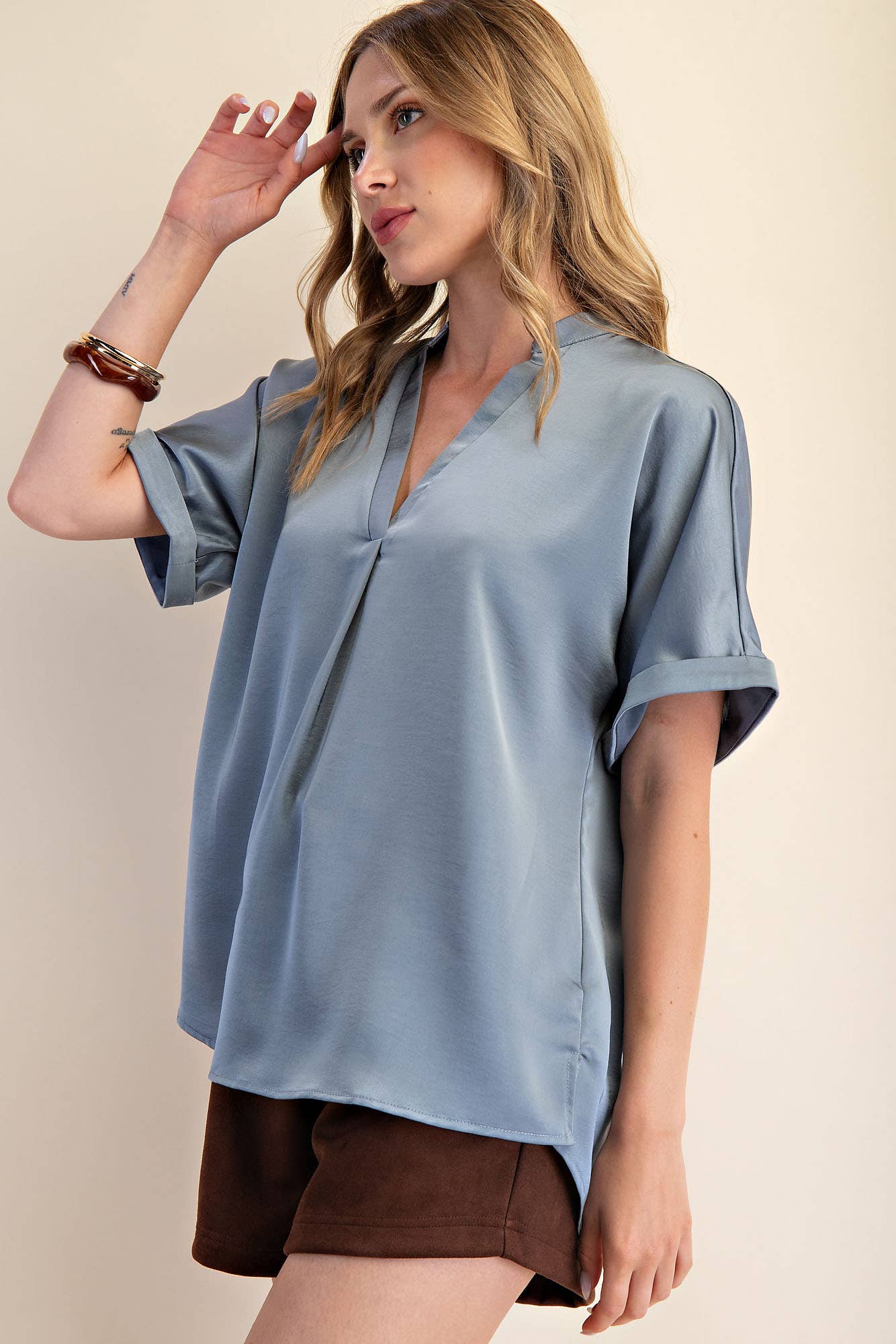 Slate V-Neck Placket Cuffs Sleeve Top