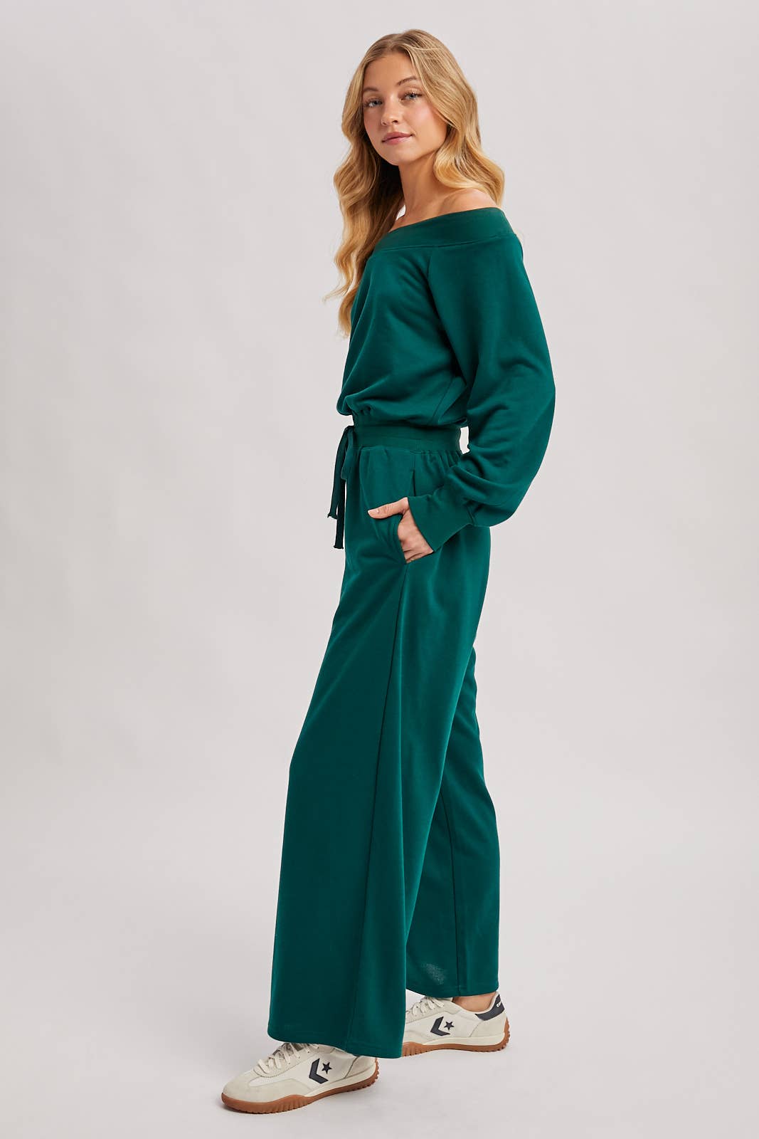 Wide Neck Knit Jumpsuit - Hunter Green