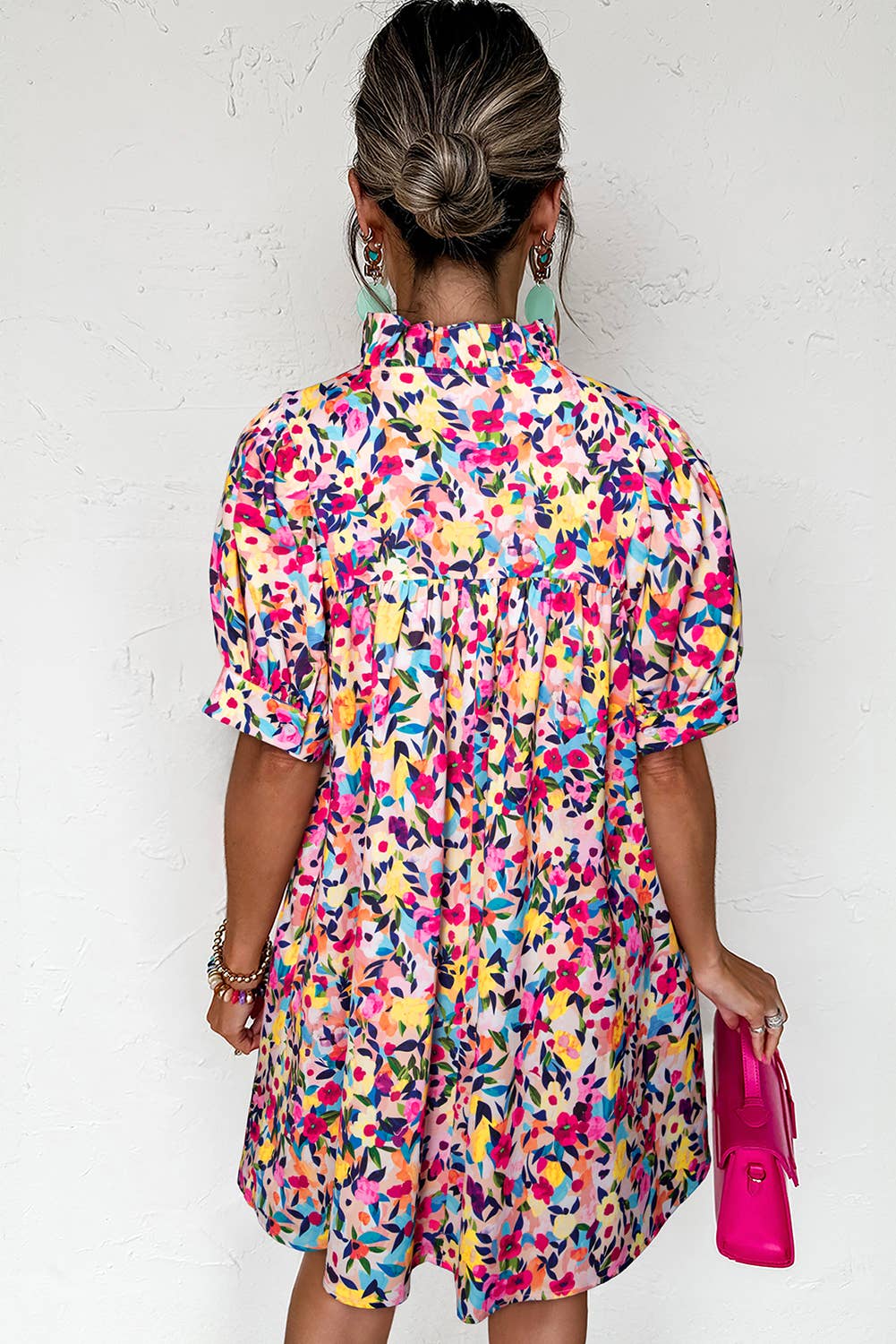 Meadow | Floral Puff Short Sleeve V Neck Mini Dress