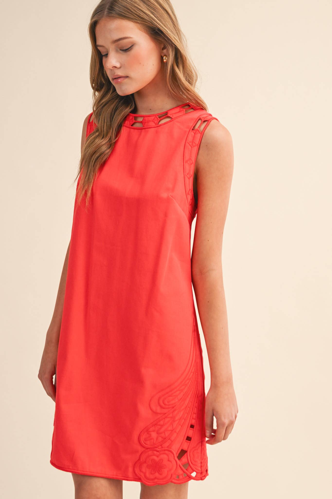 Embroidered Shift Dress with Cut Out