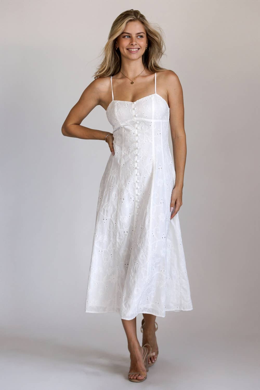 Eyelet Embroidered Button Front Midi Dress