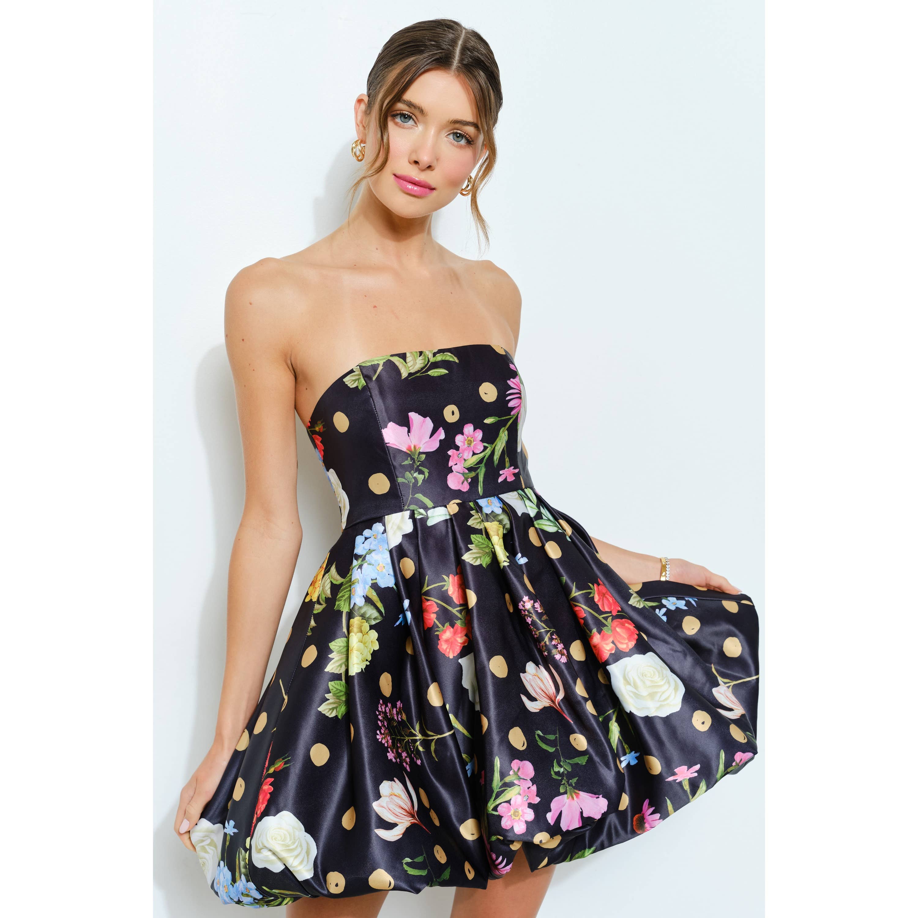 Bubble Hem Floral Dot Print Strapless Mini Dress