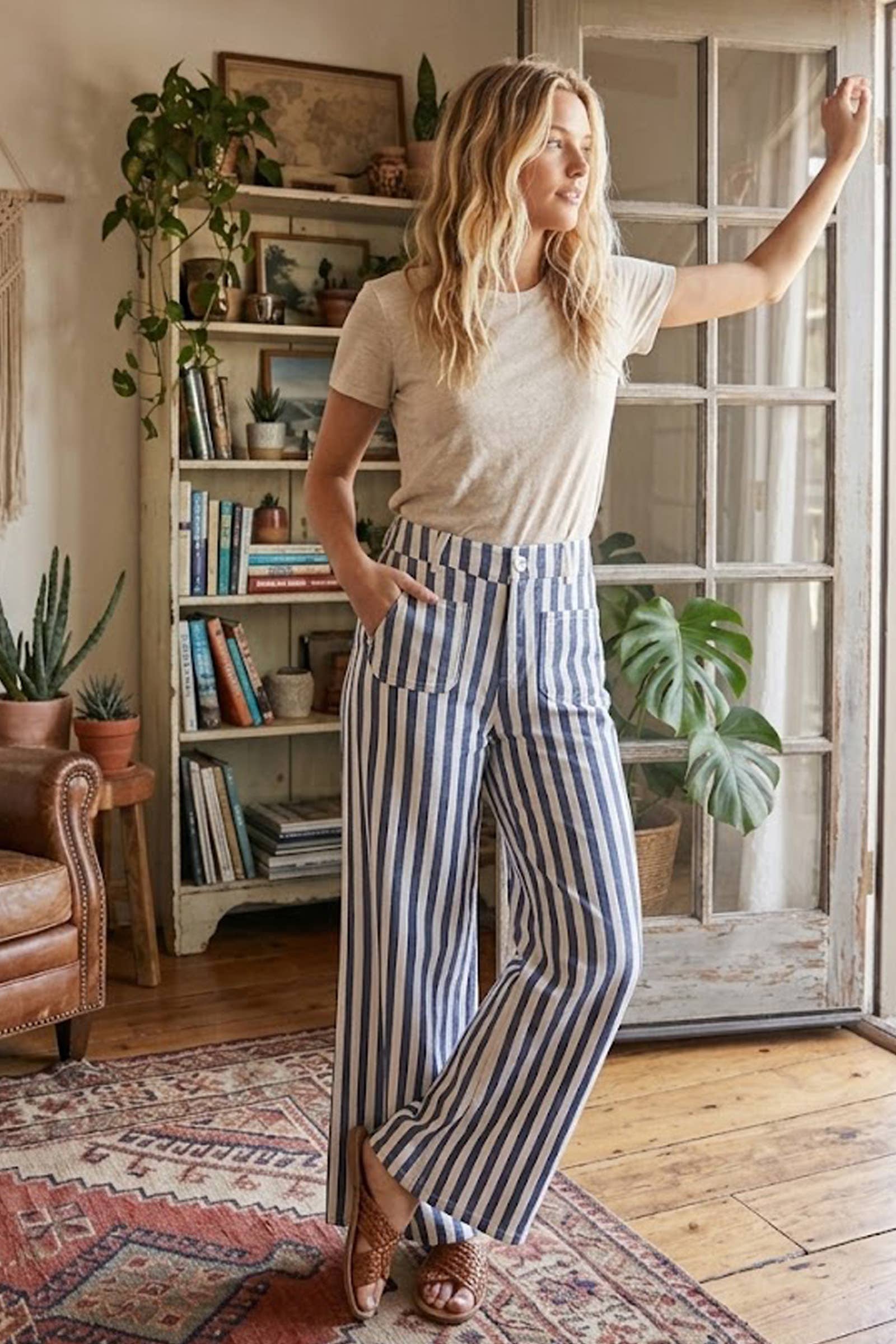 Striped Non Stretch Wide Leg Denim Pants