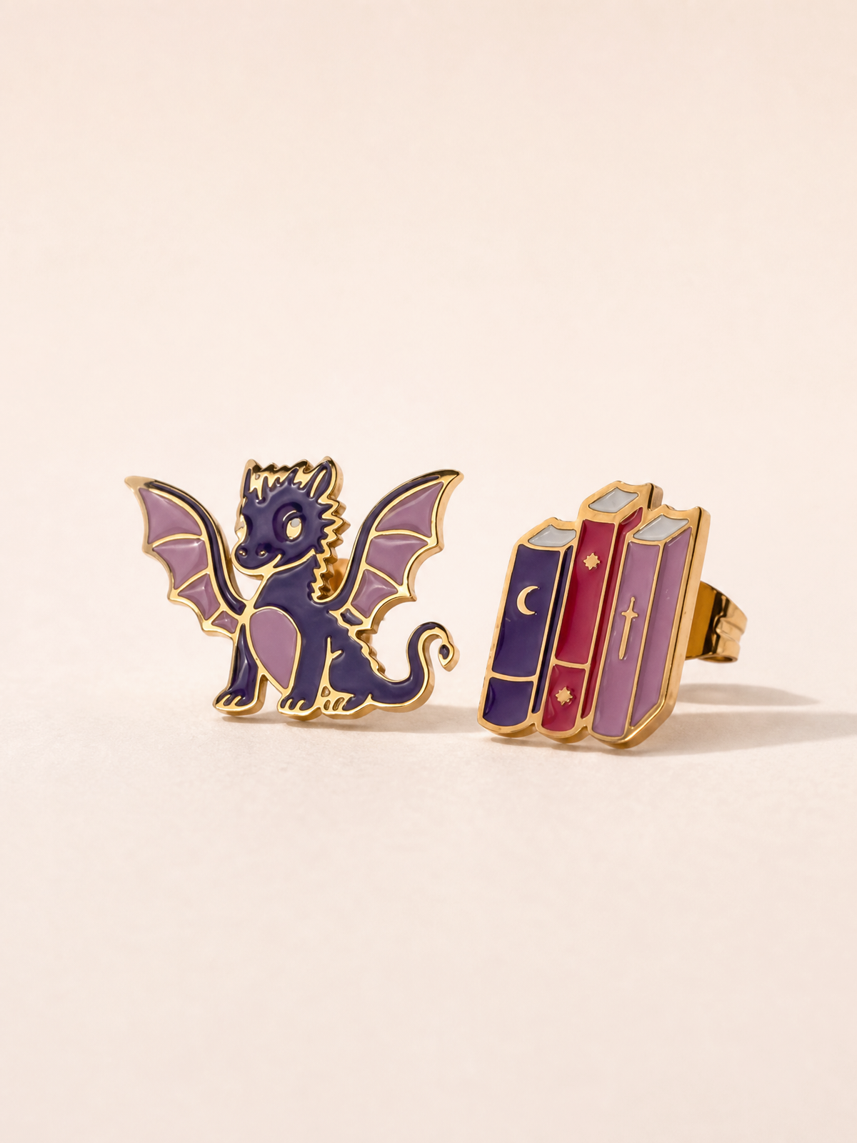 Dragon & Fantasy Books Earring Studs, 18k Gold Plated