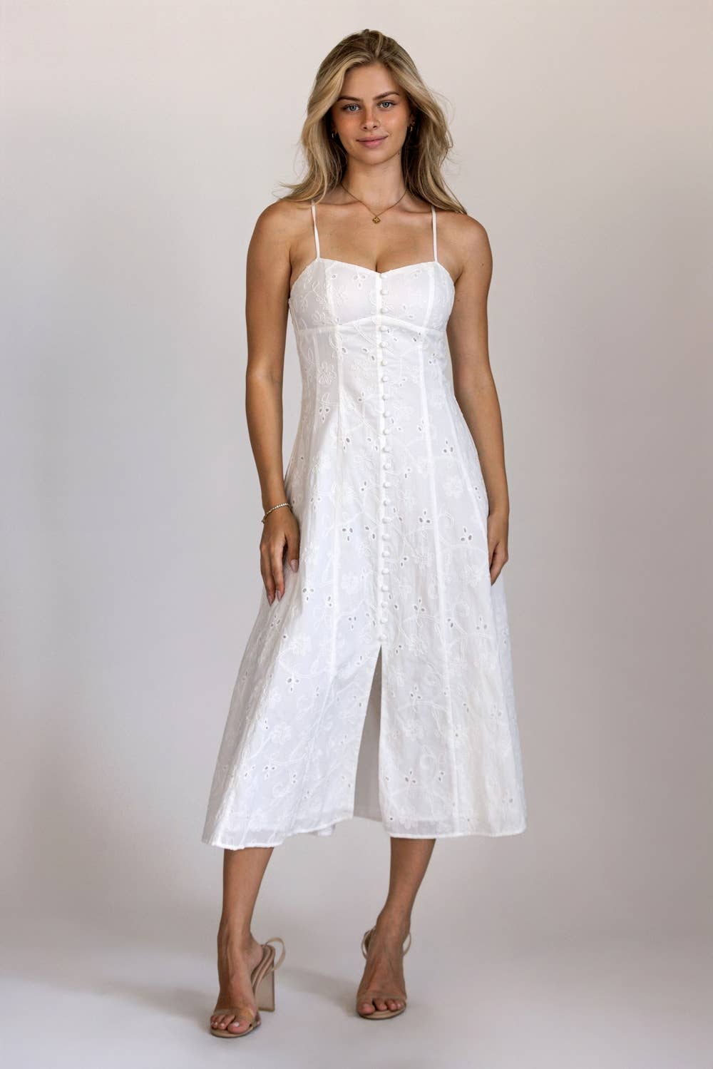 Eyelet Embroidered Button Front Midi Dress