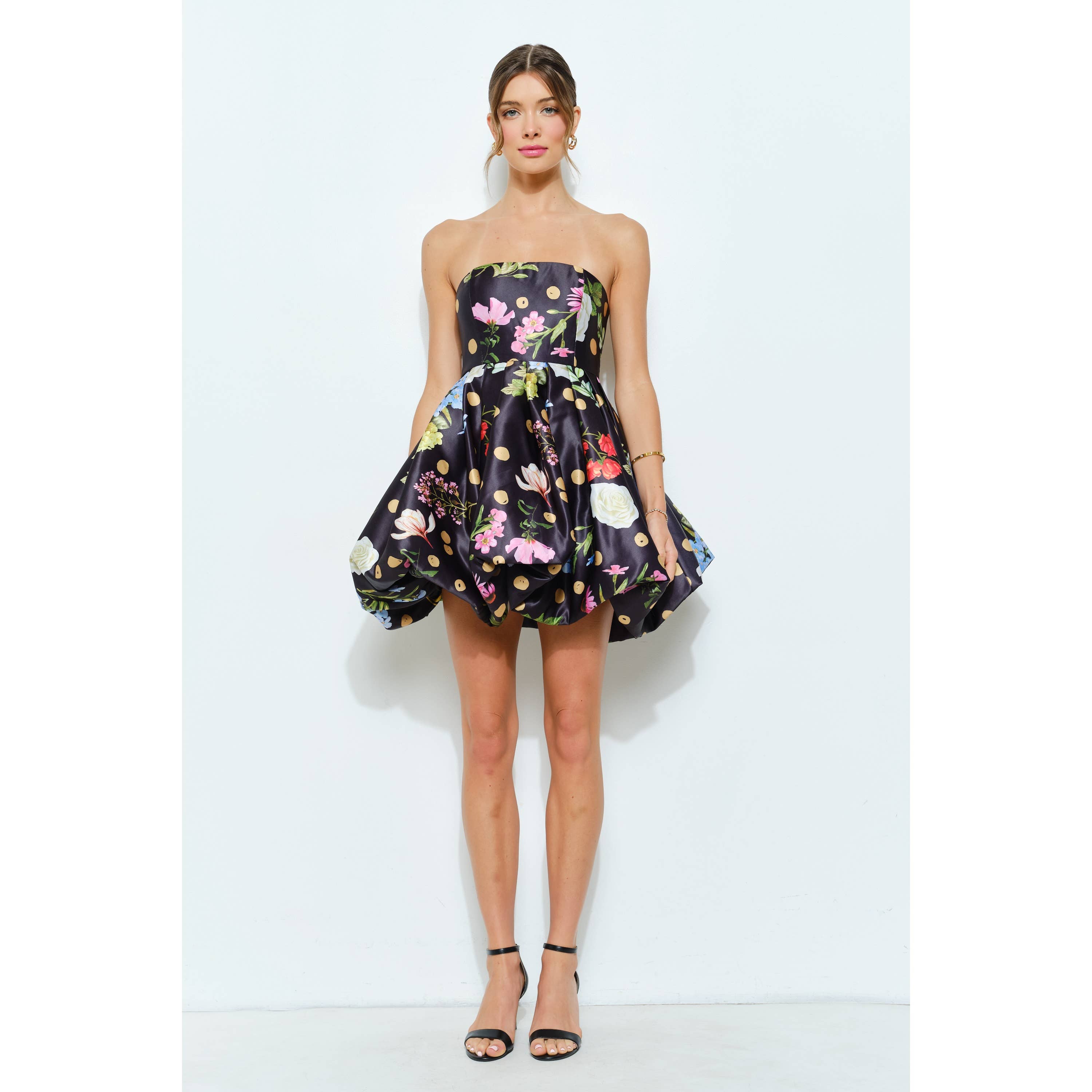 Bubble Hem Floral Dot Print Strapless Mini Dress
