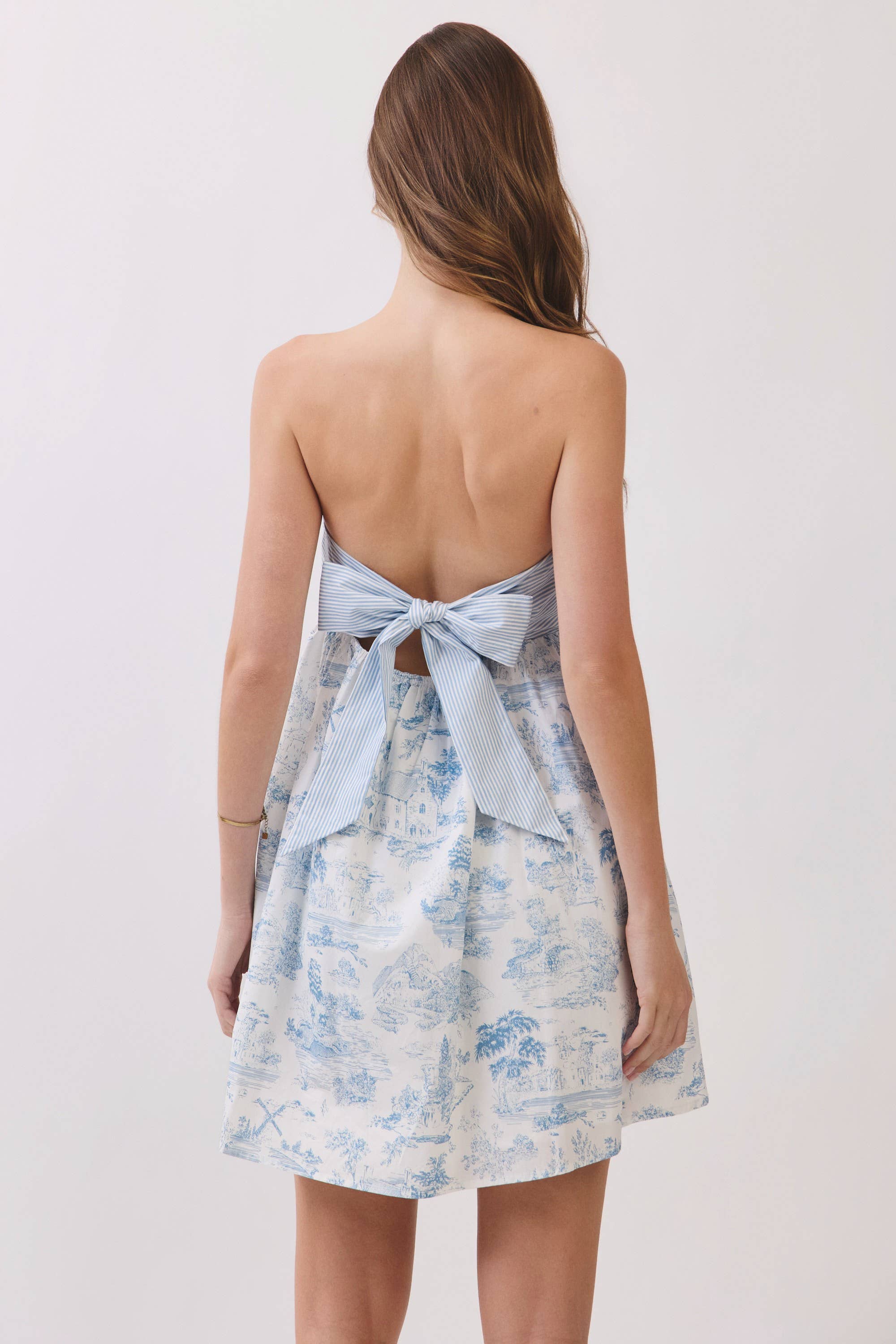 Toile Print Strapless Bow Back Mini Dress