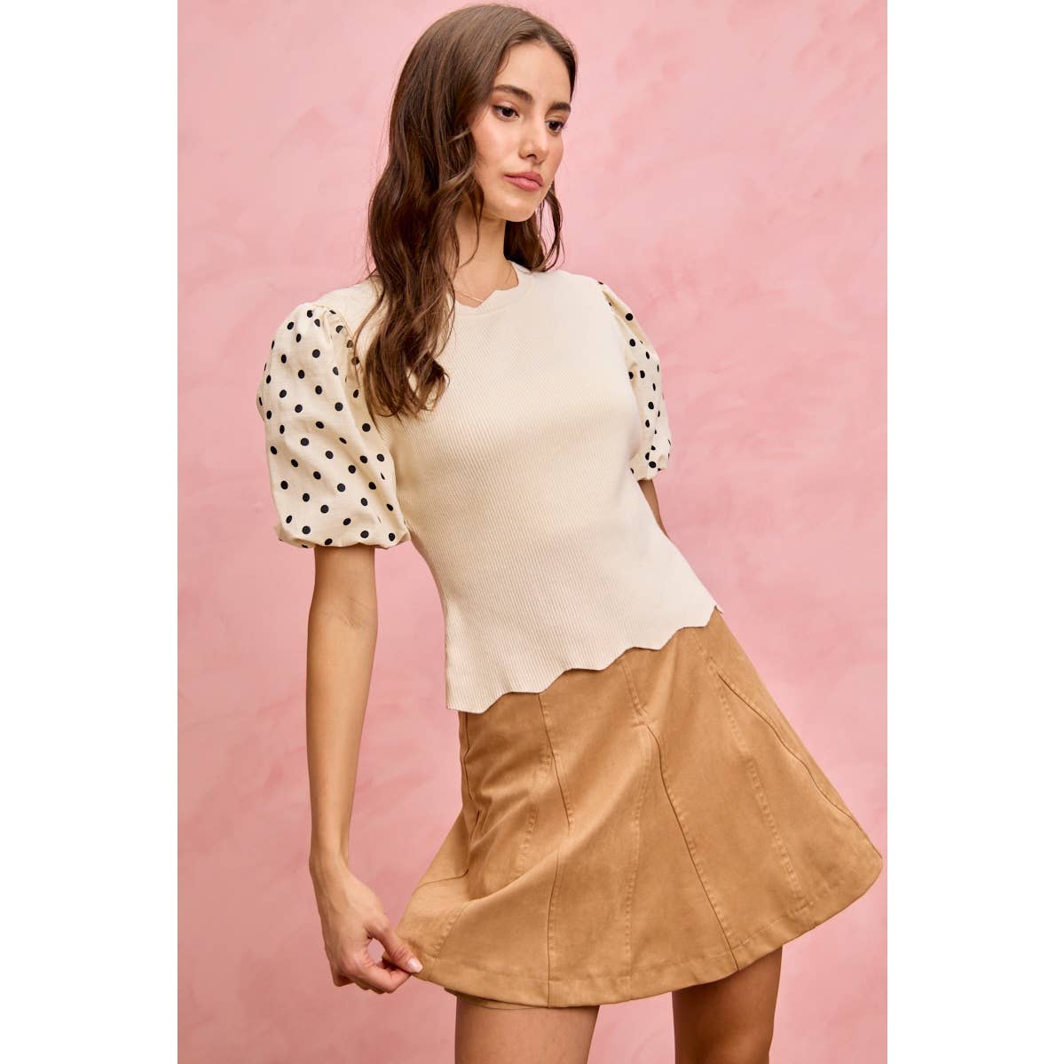 Polka Dot Contrast Woven Balloon Sleeve Top