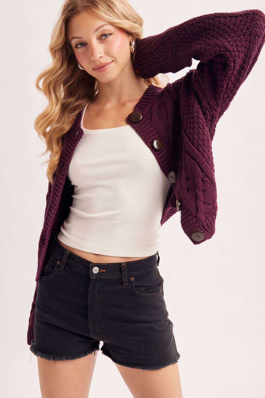 Cropped Button Front Cable Knit Cardigan