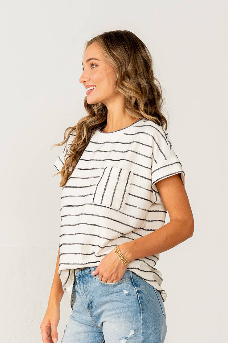 Cuff Sleeves Striped Top with Chest Pocket