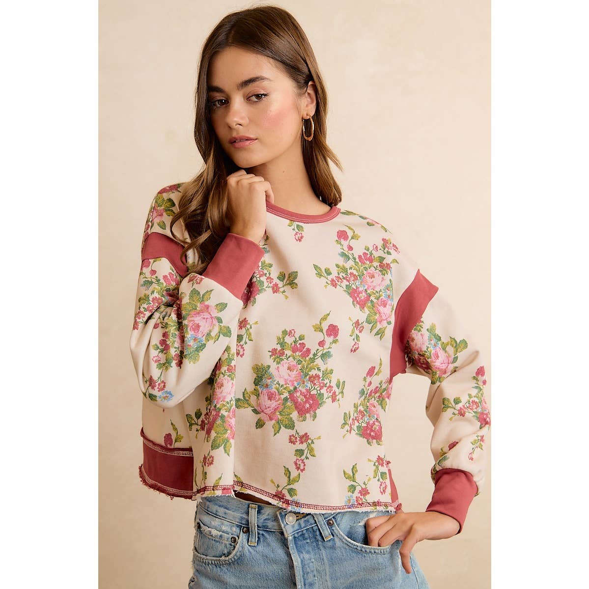 Floral Brushed Terry Open Back Long Sleeve Top