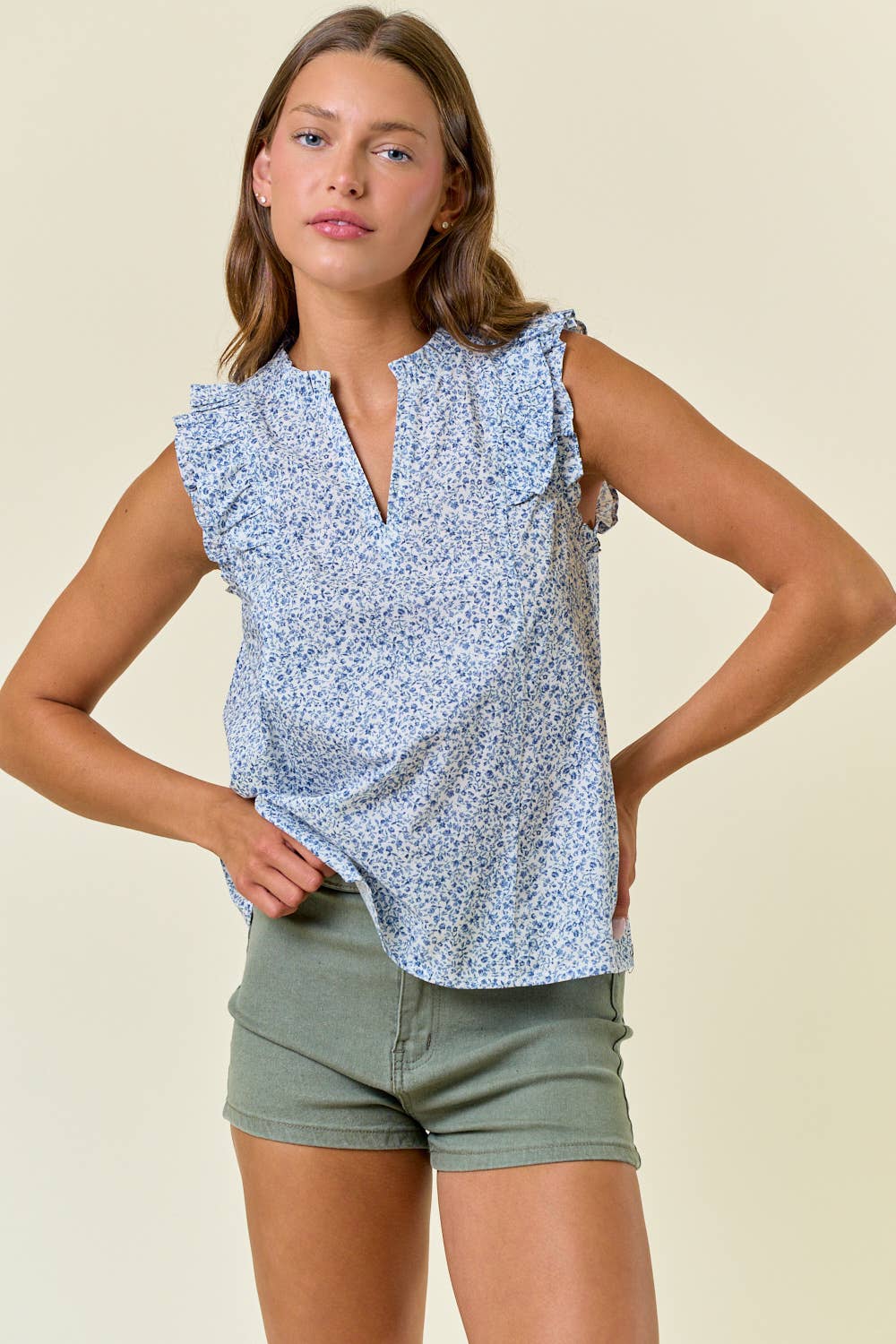 Floral Print Cotton Poplin Ruffled Cap Sleeve Top
