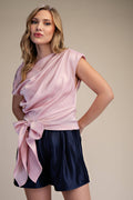 Boat Neck Waist Tie Blouse