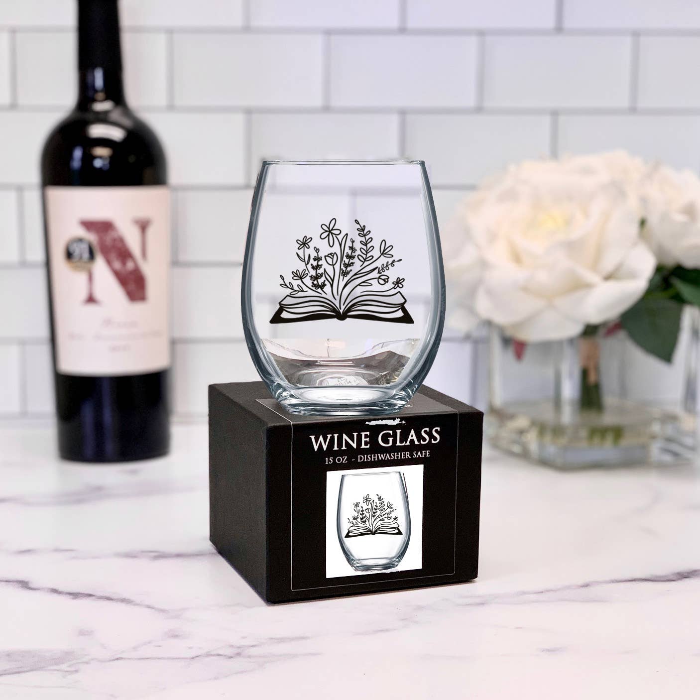 15oz Stemless Wine Glass Botanical Library Literary Design