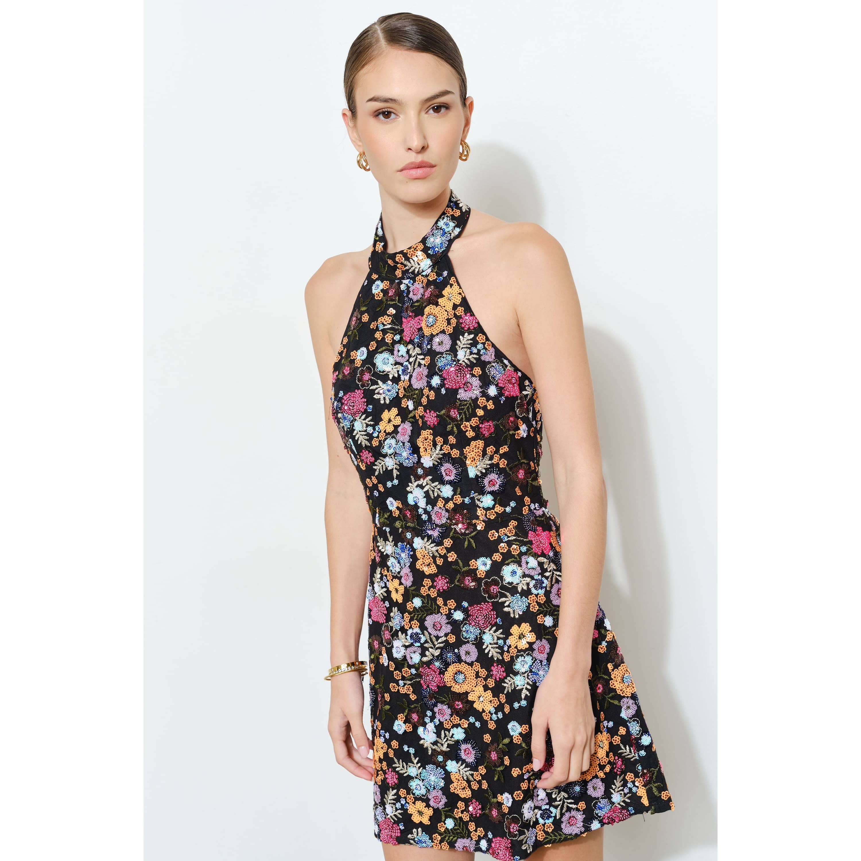 Floral Sequins Embellished Halter Neck Mini Dress