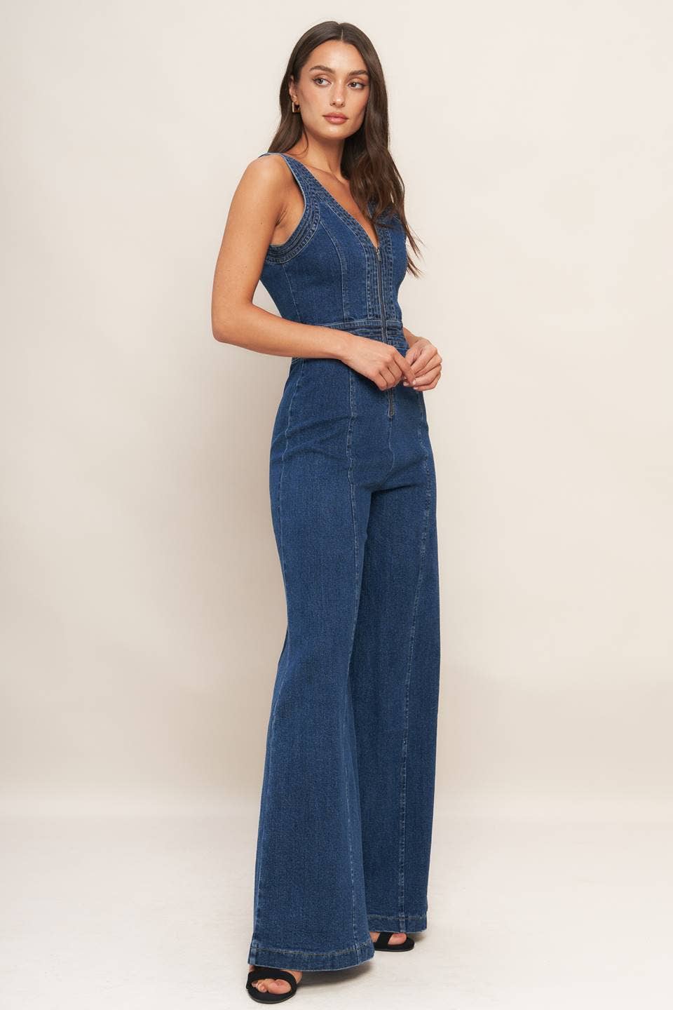 V Neck Denim Jumpsuit