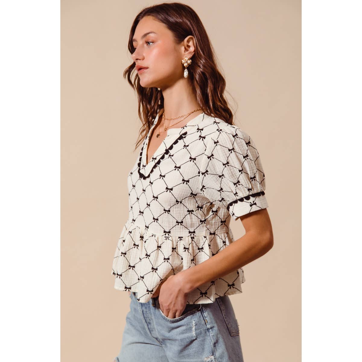 Bow Ribbon Printed Gauze Peplum Top