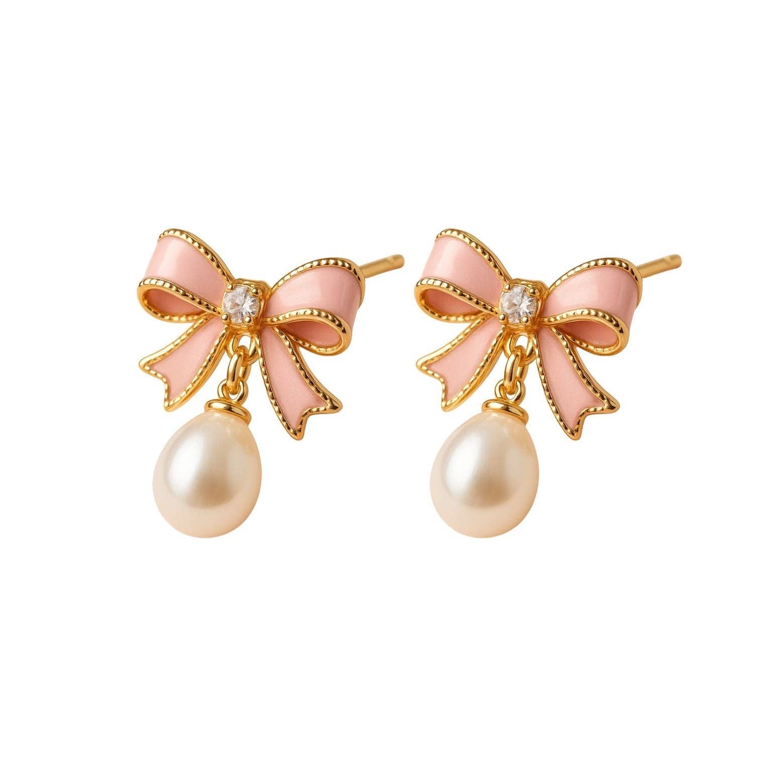 Pretty Pink Bow Earrings with Rhinestones & Pearl Beads