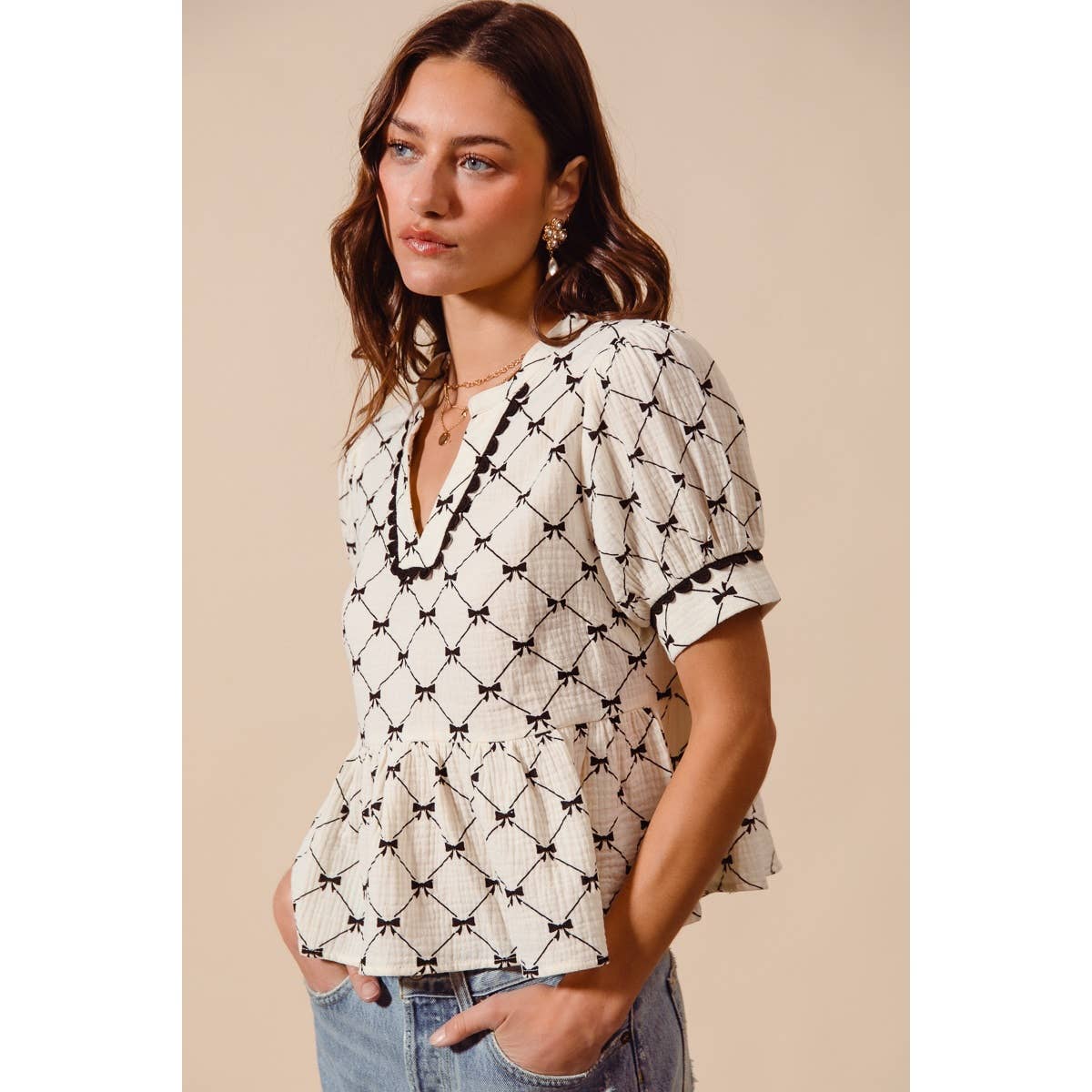 Bow Ribbon Printed Gauze Peplum Top