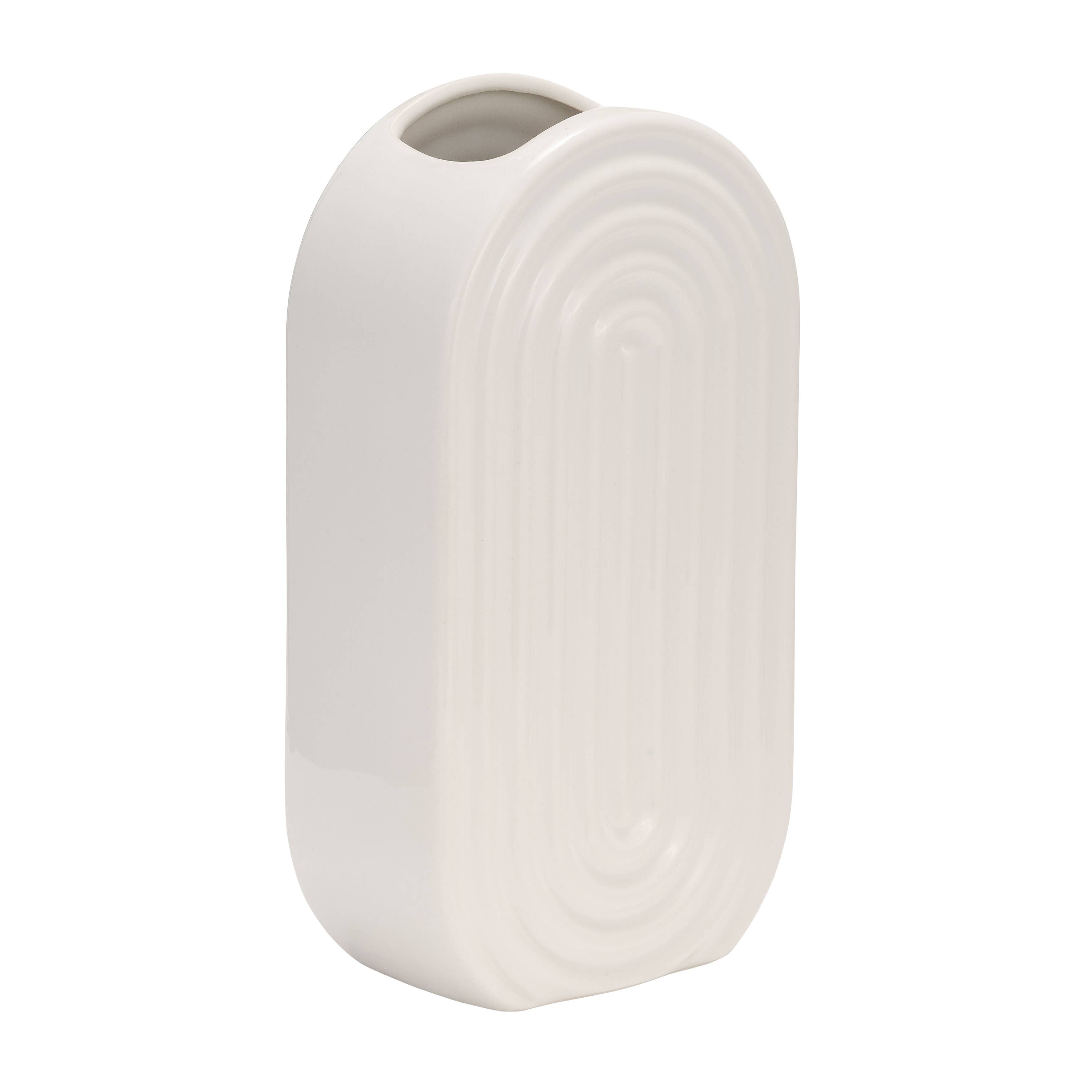 Ceramic Oval Ridged Decorative Vase - White, 11 in.