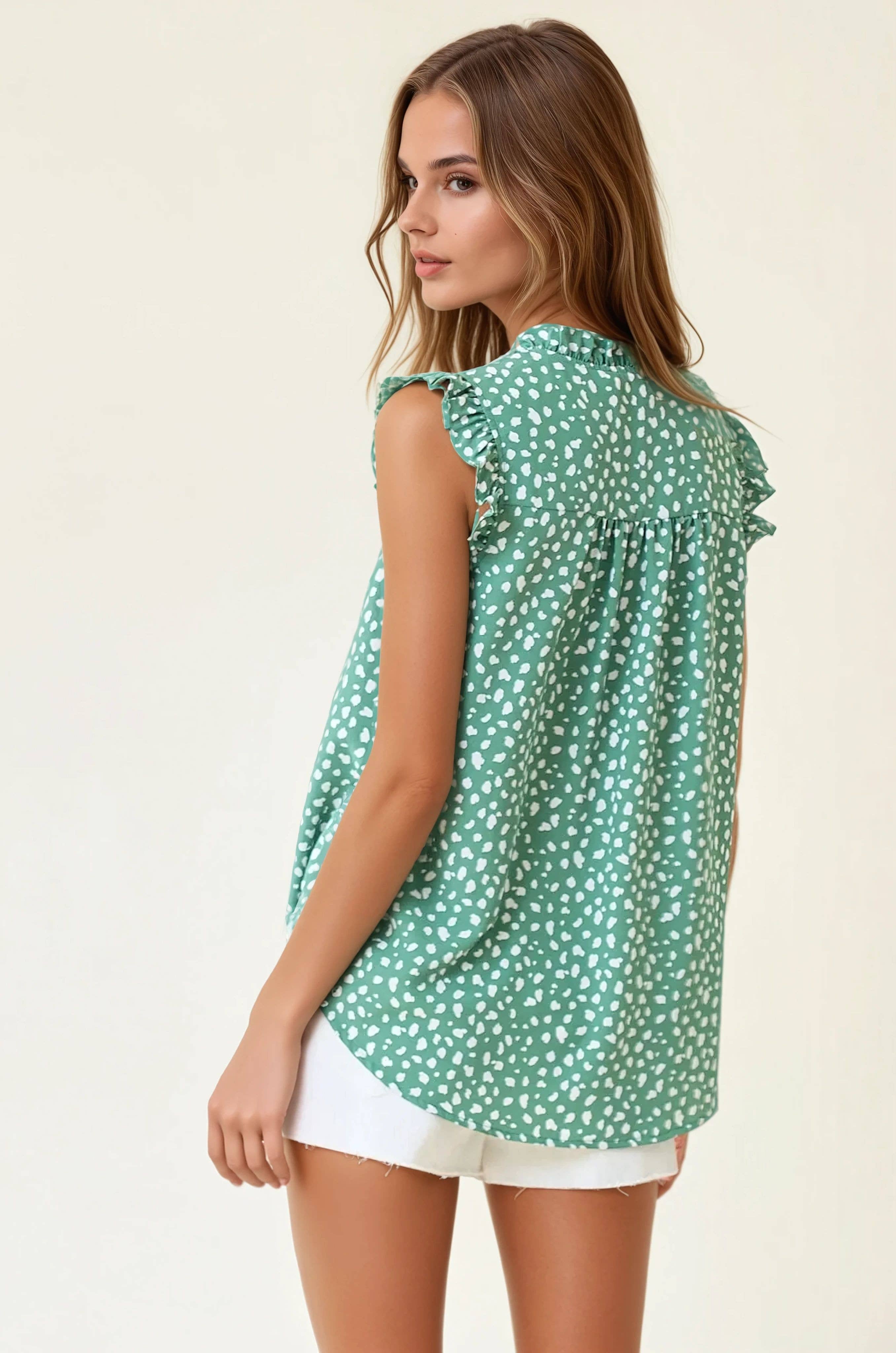 Green Smocked Print Frilled Top