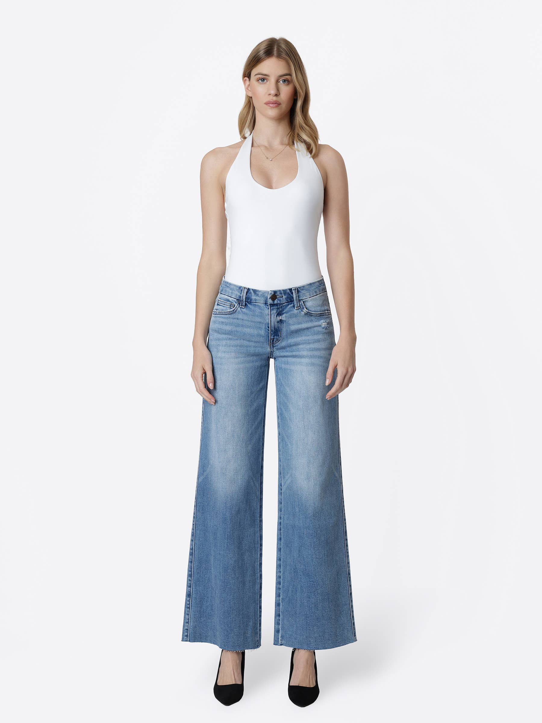 Mid Rise Clean Cut Raw Hem Wide Jeans