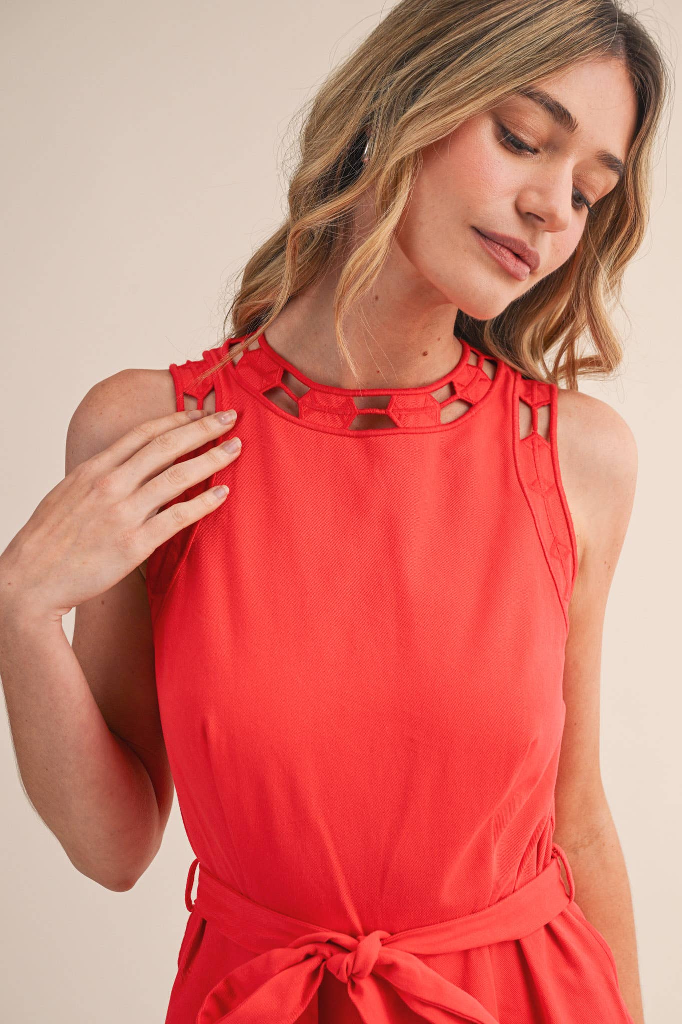 Sleeveless Embroidered Romper with Cut-Outs
