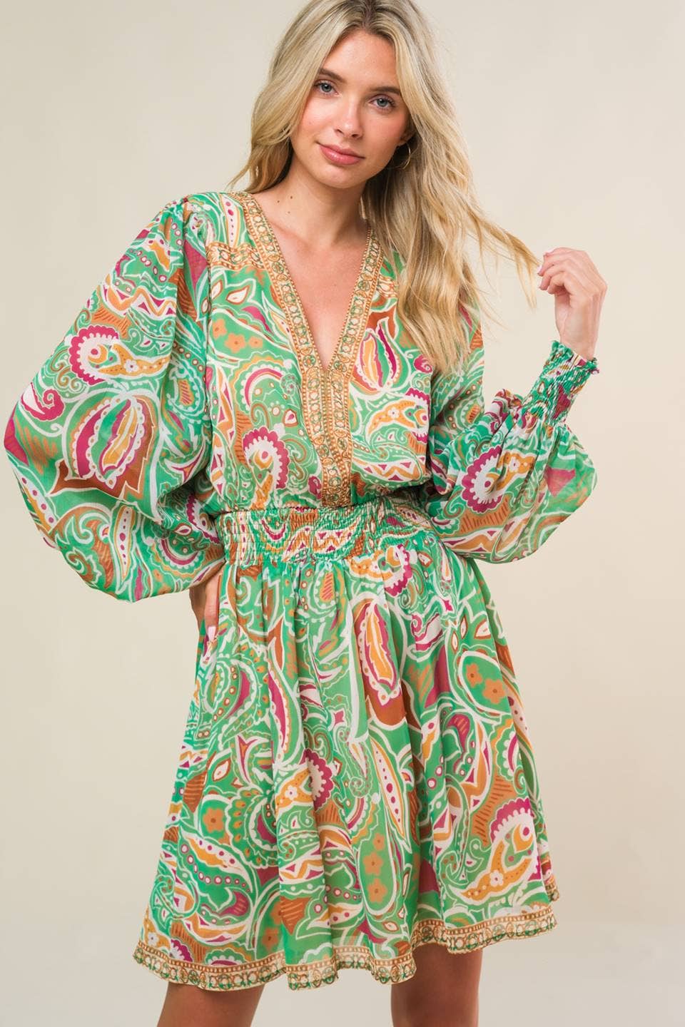 Long Sleeve Paisley Green Mini Dress