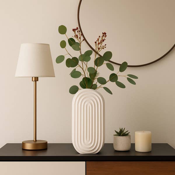 Ceramic Oval Ridged Decorative Vase - White, 11 in.