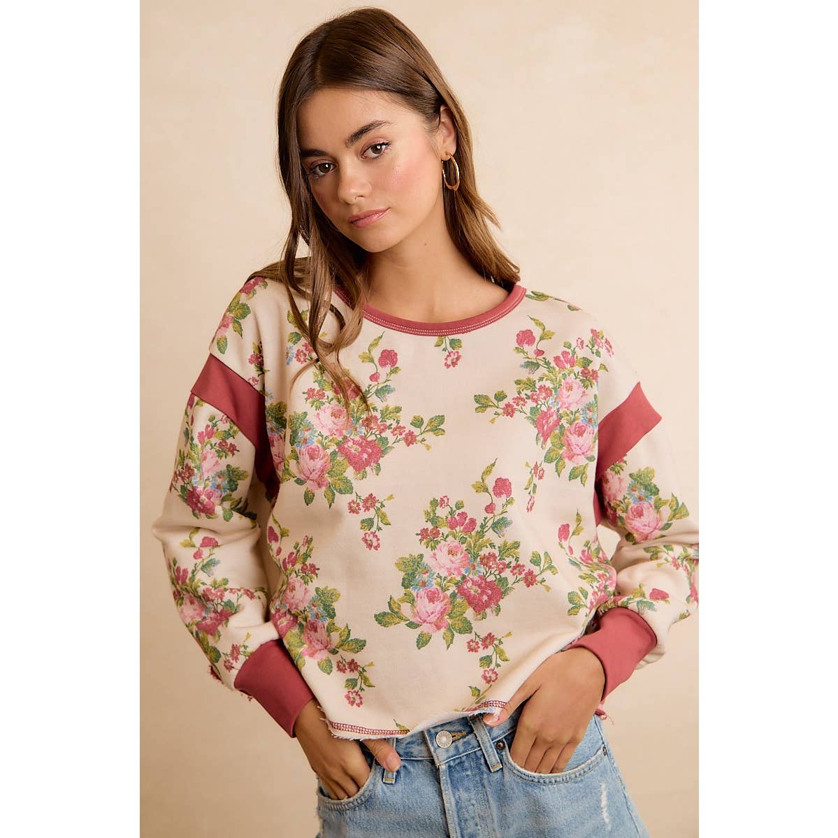 Floral Brushed Terry Open Back Long Sleeve Top