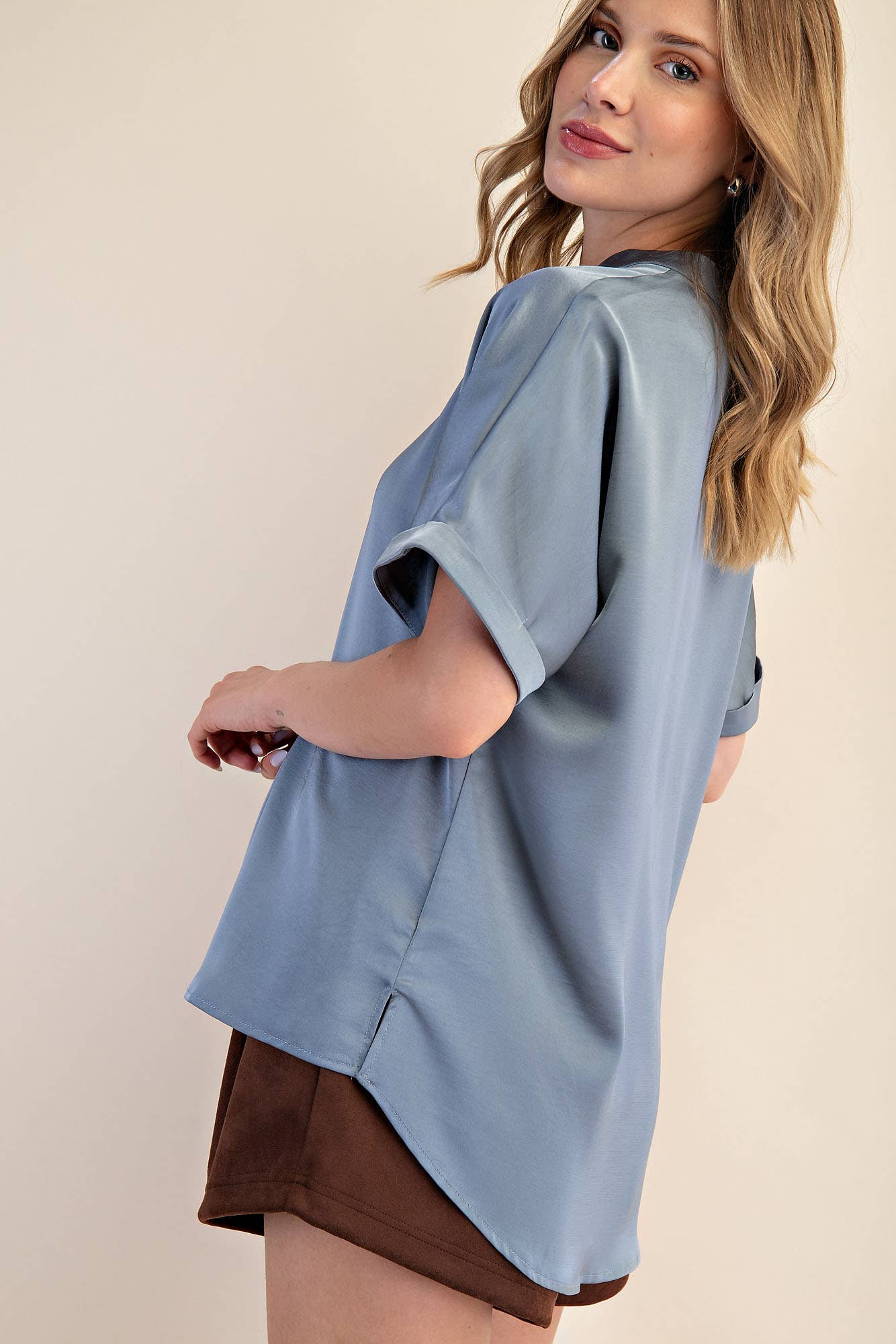 Slate V-Neck Placket Cuffs Sleeve Top