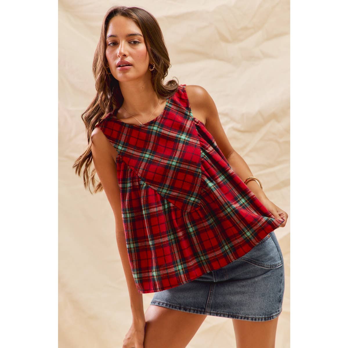Christmas Checkered Plaid Sleeveless Holiday Top