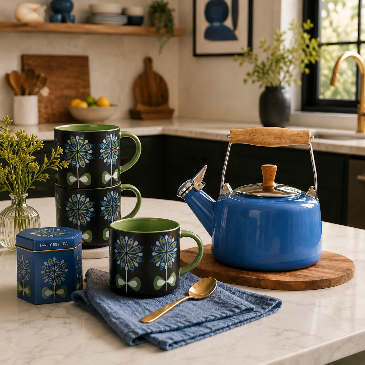 Casbah Blue Flower Mid Century Stackable Matte Coffee Mug