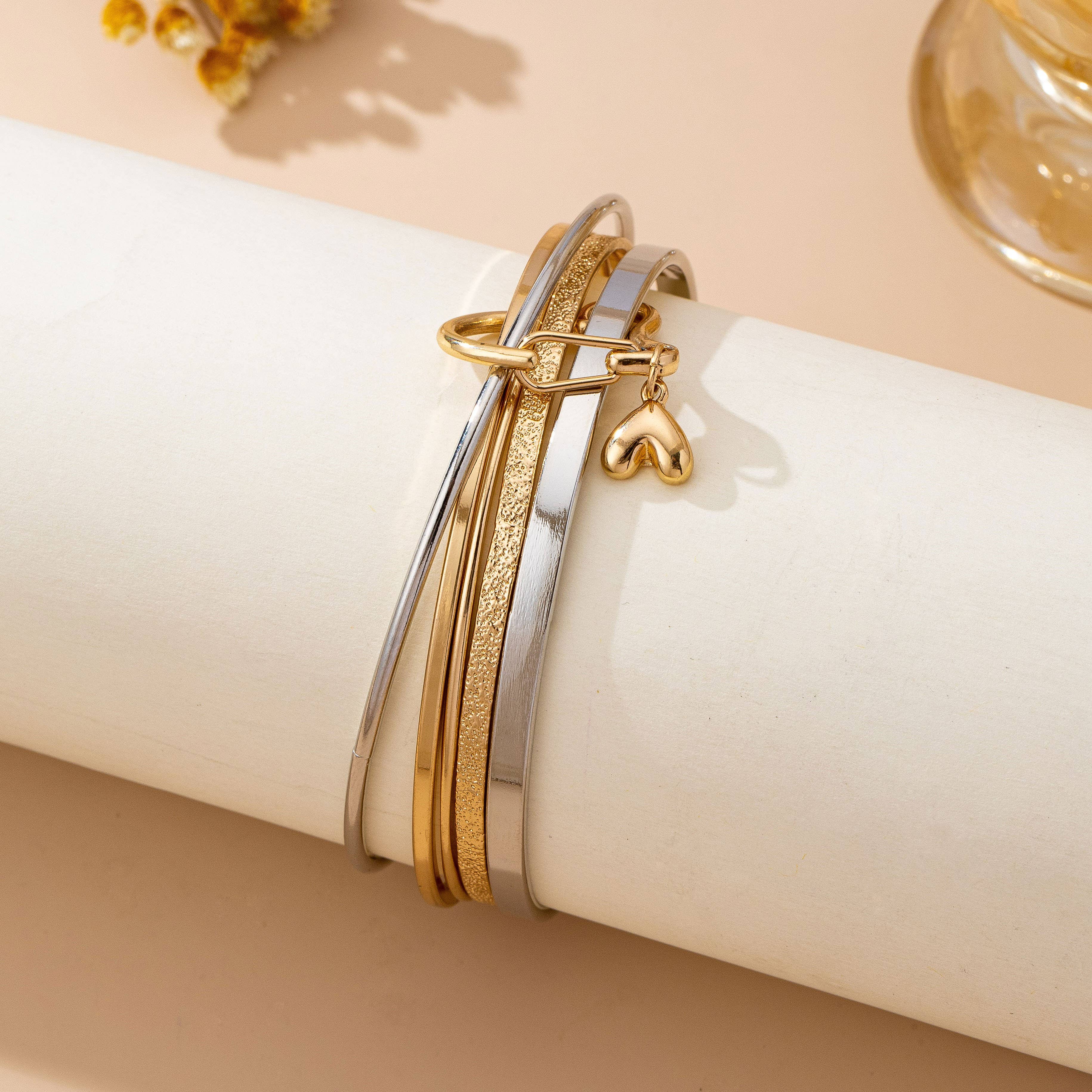 Gold Silver Heart Linked Multi Bangle Bracelet Set