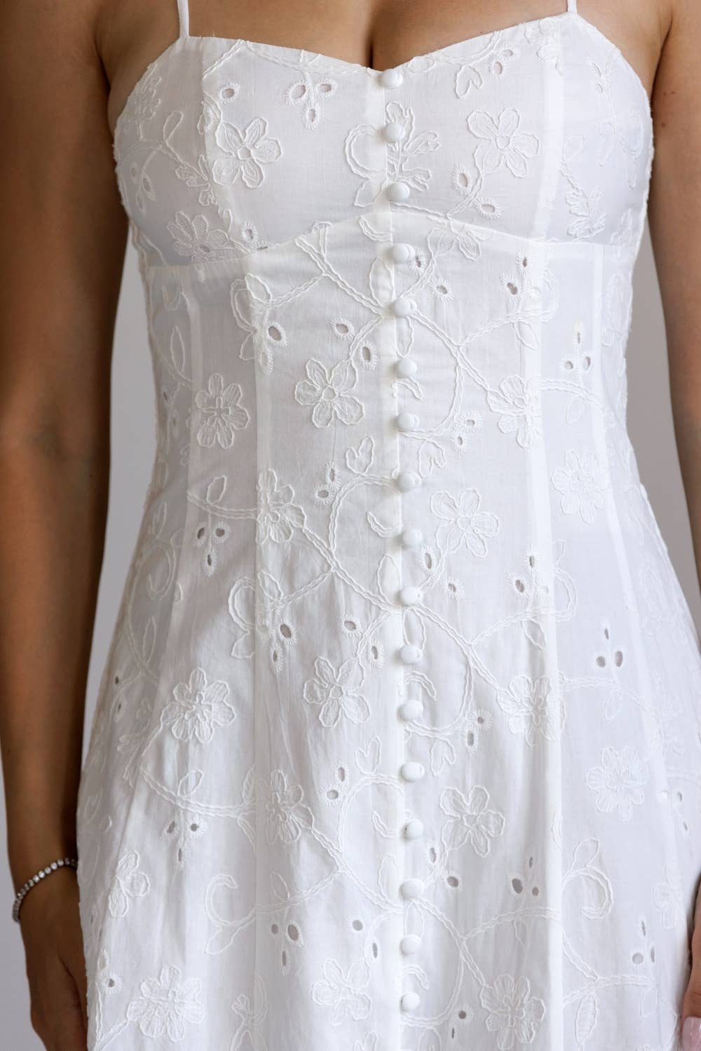 Eyelet Embroidered Button Front Midi Dress