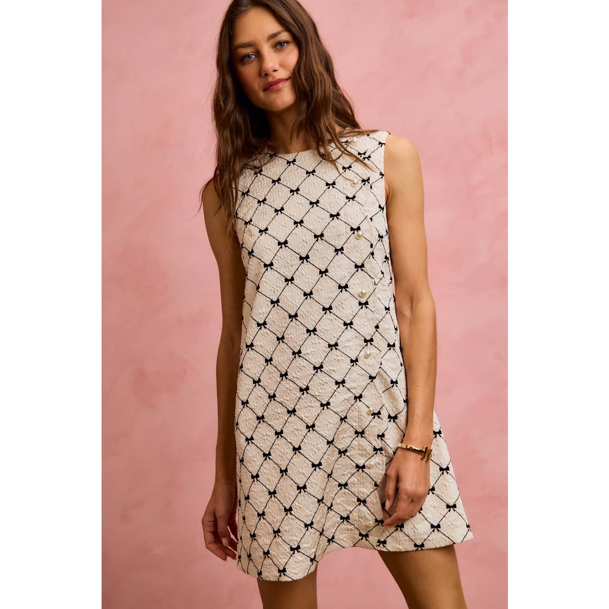 Ribbon Jacquard Pattern Dress with Scalloped Side