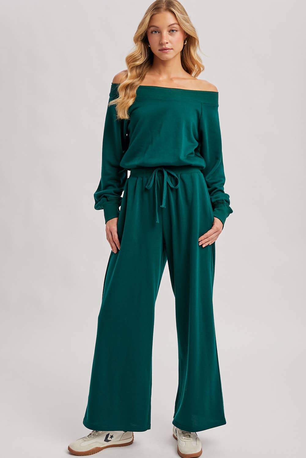 Wide Neck Knit Jumpsuit - Hunter Green