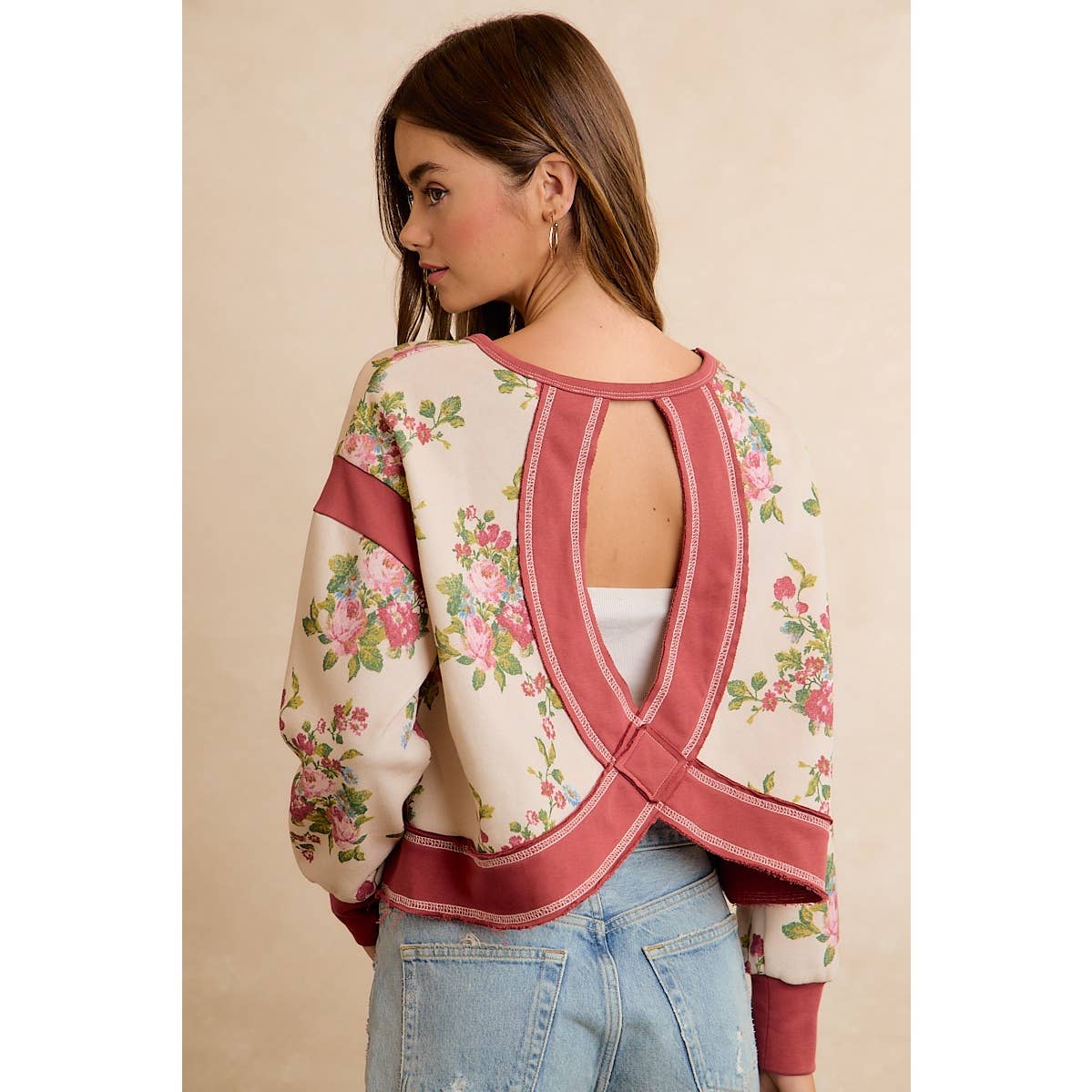 Floral Brushed Terry Open Back Long Sleeve Top
