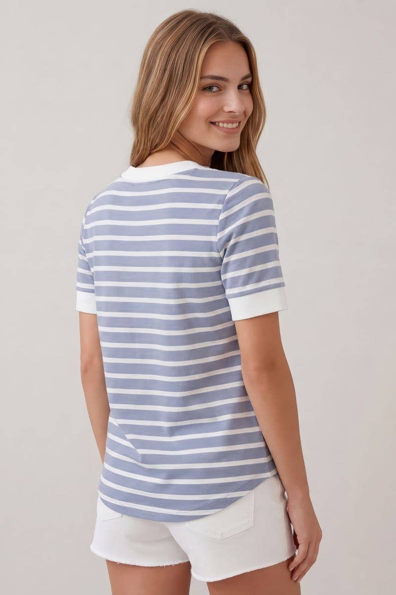 Split V-Neck Striped Short Sleeve Top