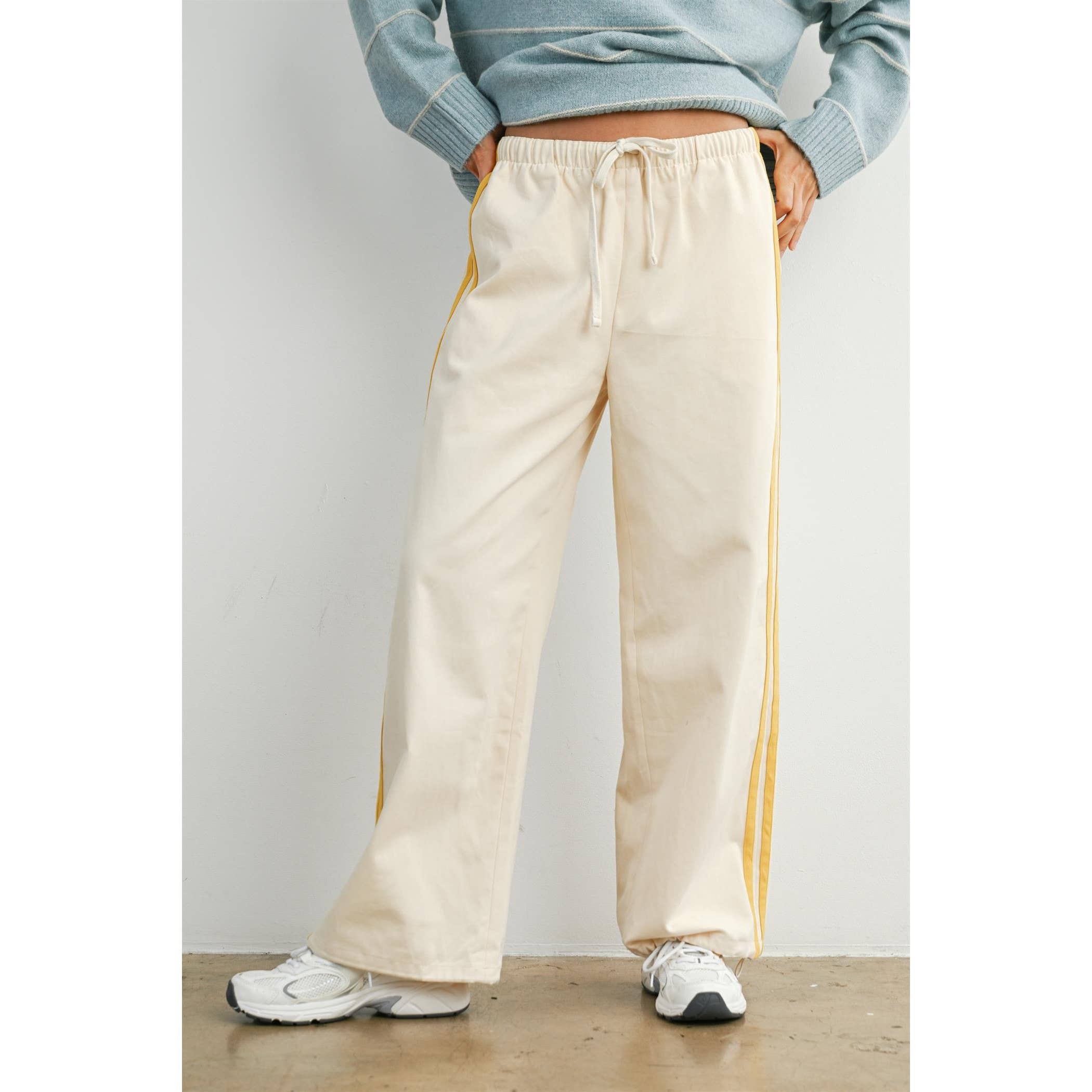 Striped Wide-Leg Drawstring Track Pants