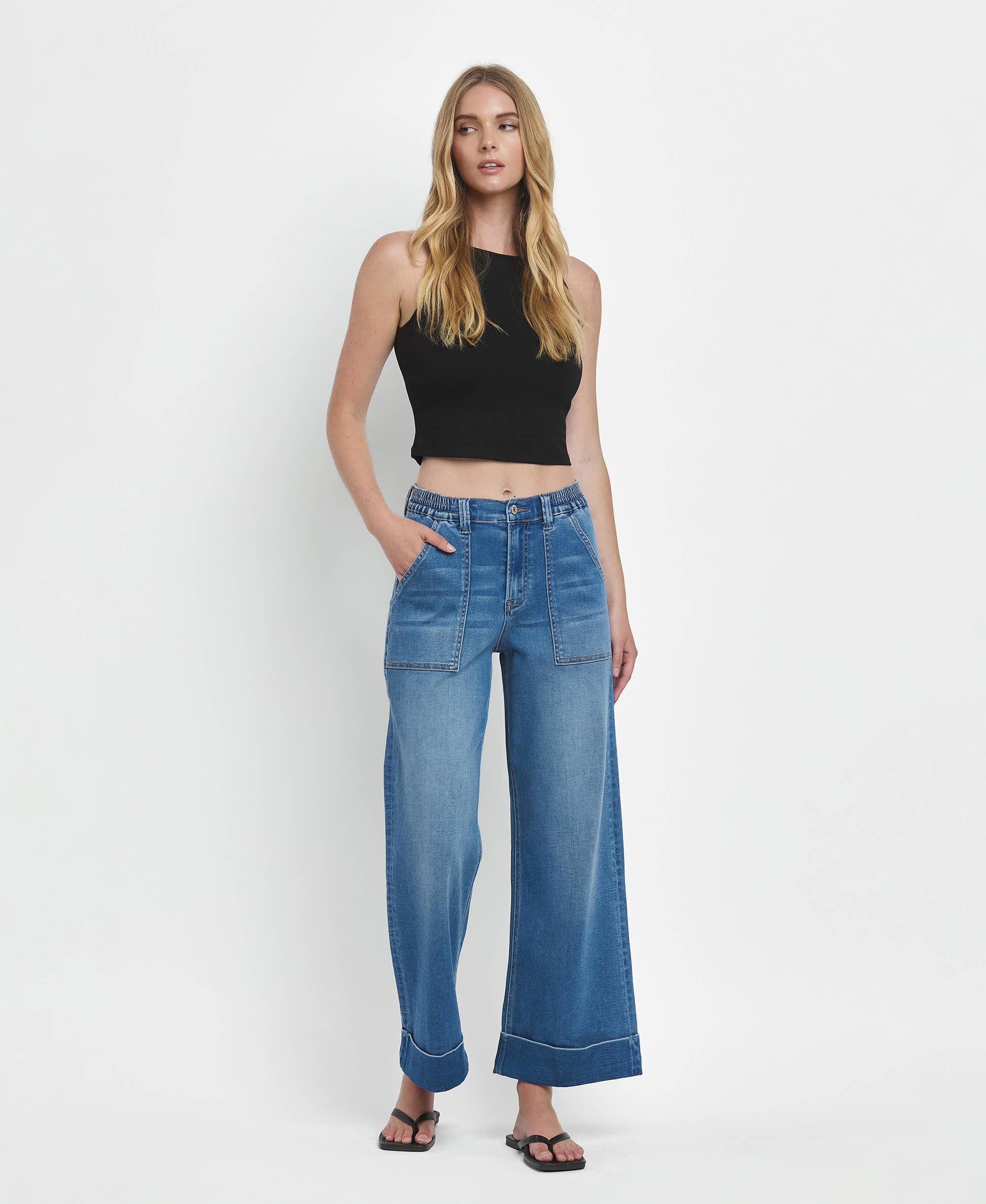 VERVET High Rise Double Cuffed Baggy Wide Cropped Jeans