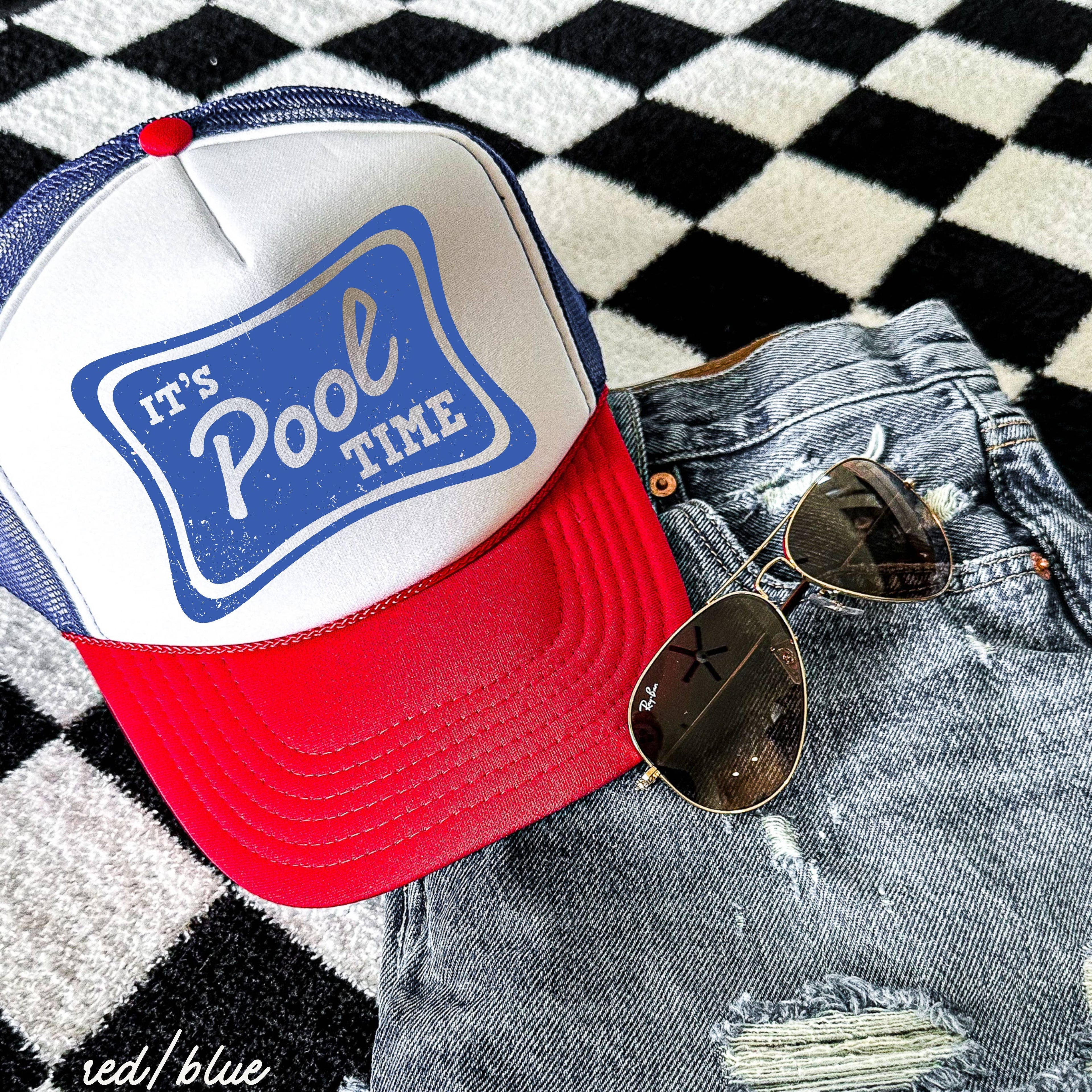 It's Pool Time Trucker Hat - Hot Pink or Red, White & Blue