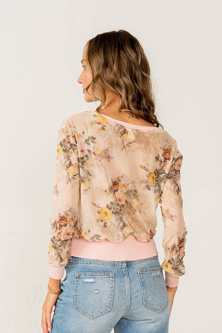 Relaxed Fit Floral Sheer Button Down Cardigan