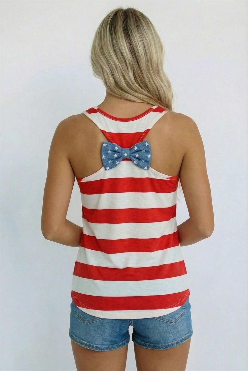 Patriotic Red and White striped tank top with Blue Star Bow and Pocket