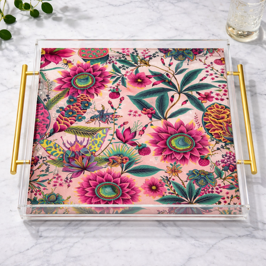 Pink Floral Decorative Acrylic Tray
