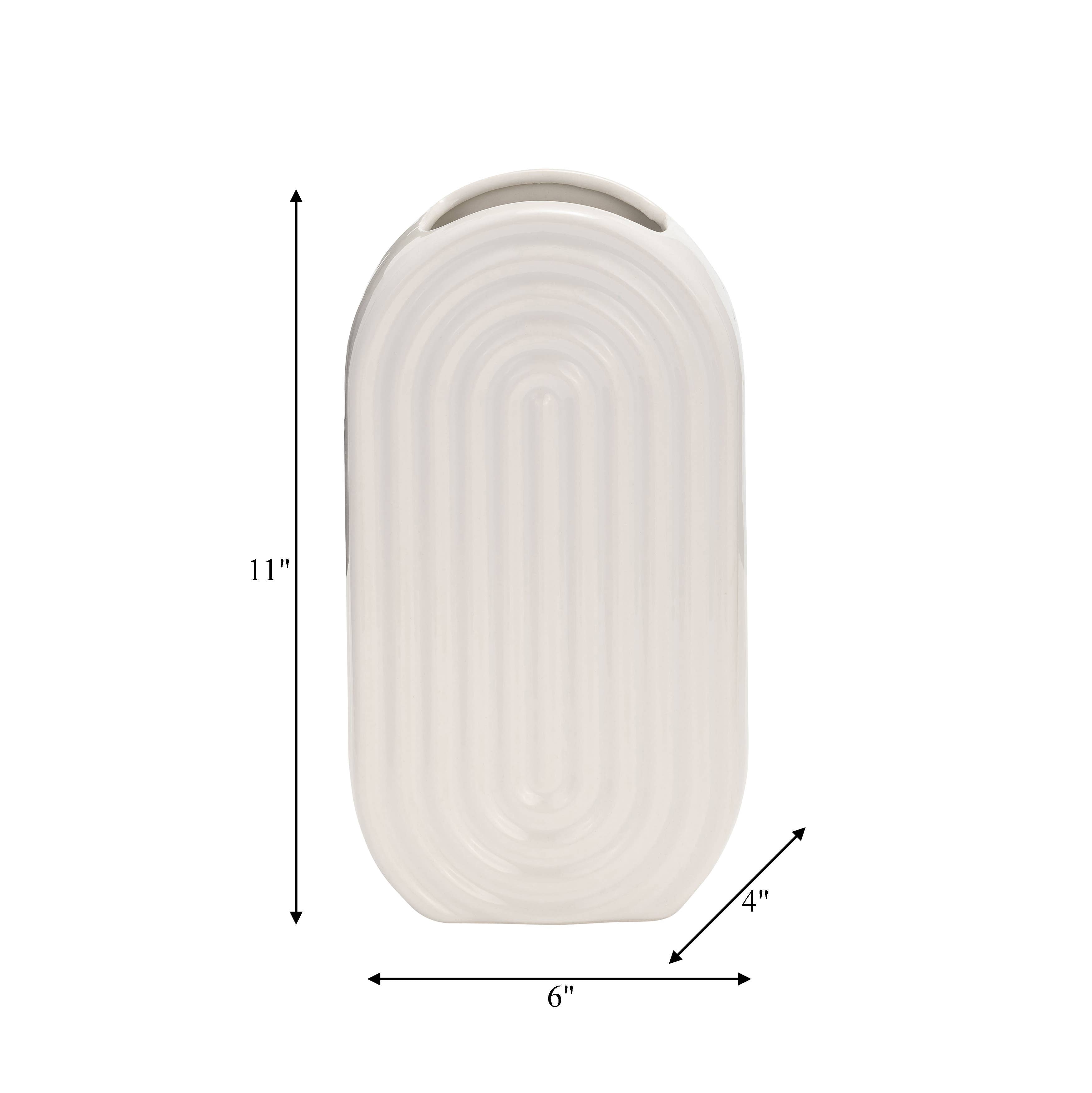 Ceramic Oval Ridged Decorative Vase - White, 11 in.