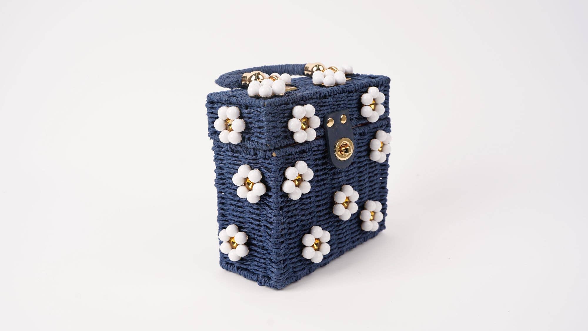 Wicker Bucket Daisy Flower Purse - Navy with White Flowers