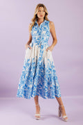 Blue and White Floral Belted Midi Dress