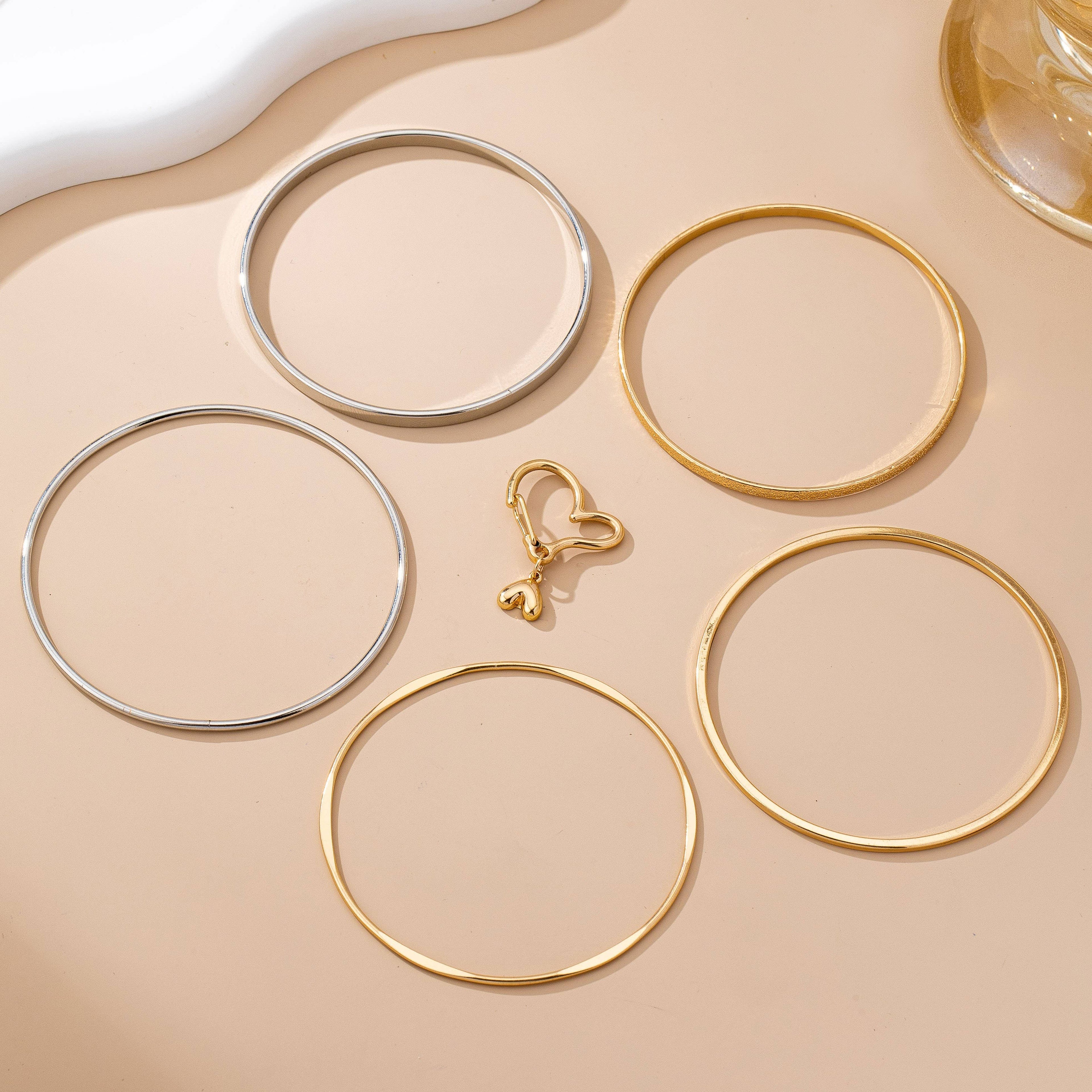 Gold Silver Heart Linked Multi Bangle Bracelet Set